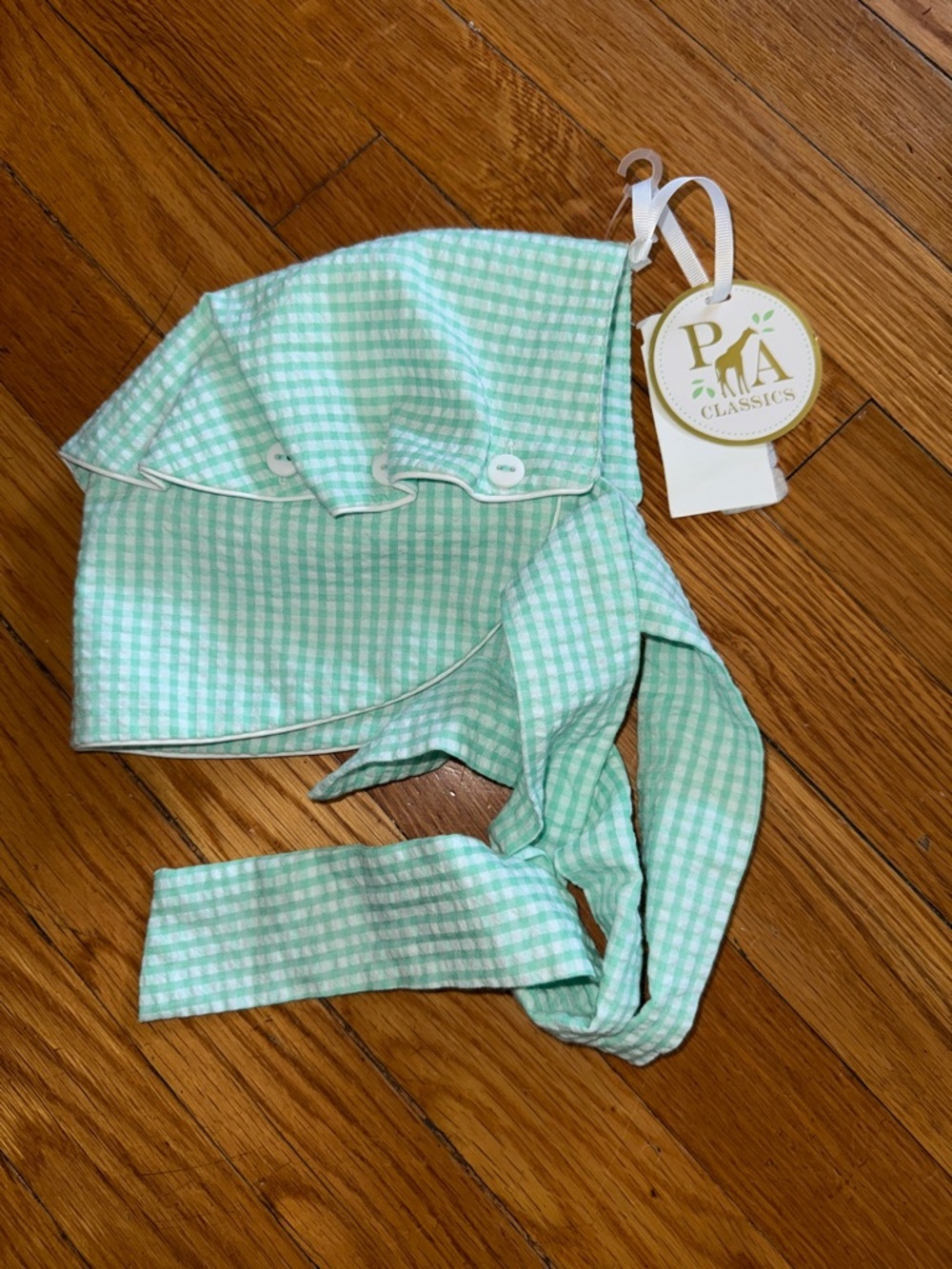 NWT petit Ami classics Mint green Gingham Baby Sun Bonnet hat with ties 3m